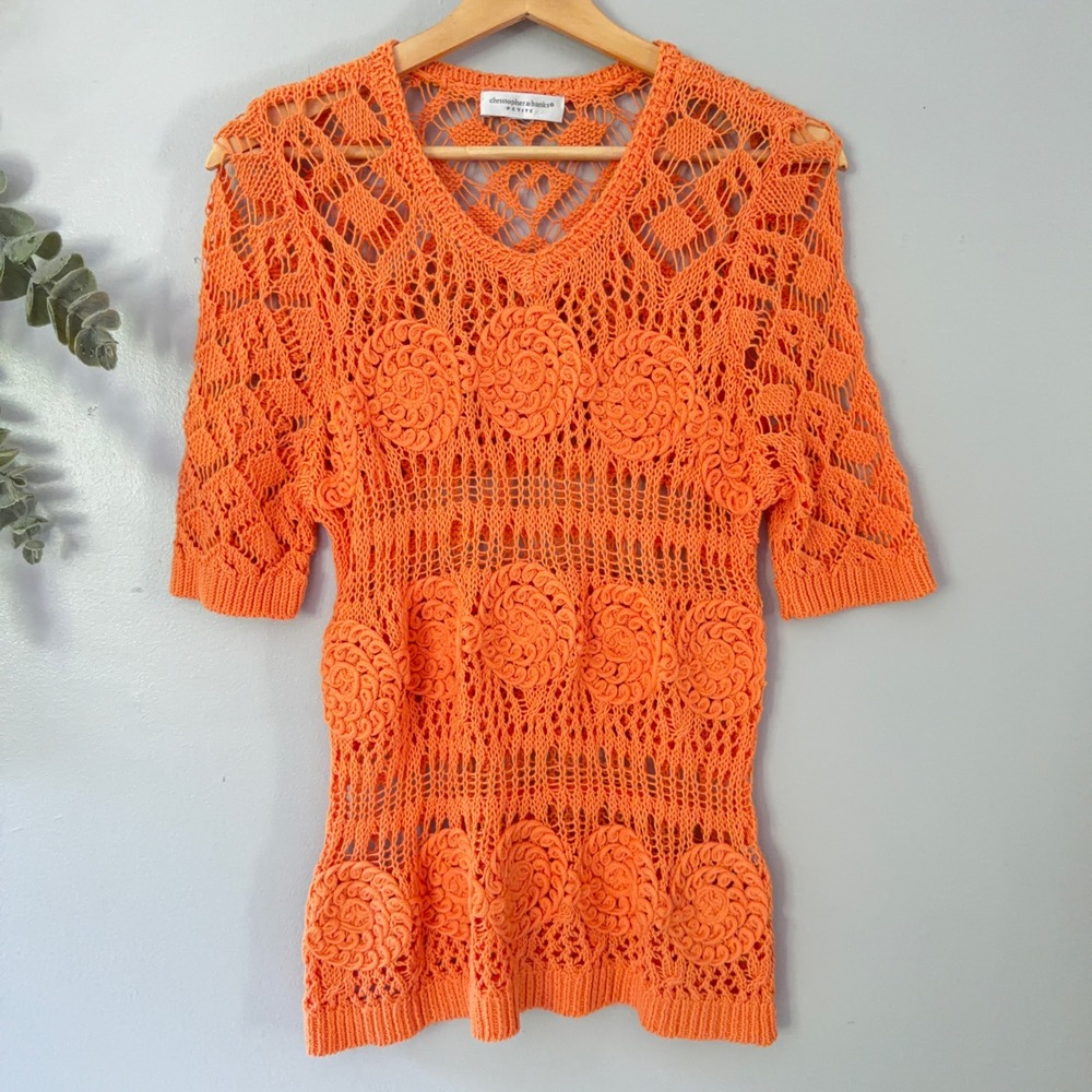 Christopher Banks Sweater Hippie Fairy Orange Open Knit Crochet Cotton V-Neck